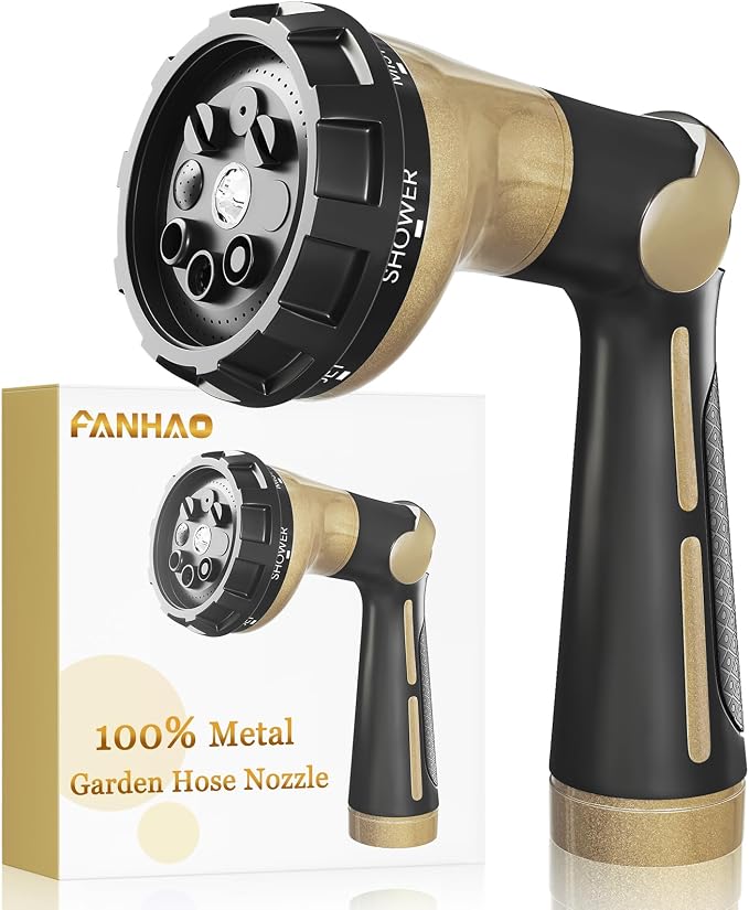 FANHAO Heavy Duty Garden Hose Nozzle, Metal Hose Sprayer Easy Thumb Control | 8 Spray Patterns, Rustproof Water Nozzle, Non-Slip Ergonomic Grip, Elder & Child Friendly for Garden, Car & Pet, Khaki