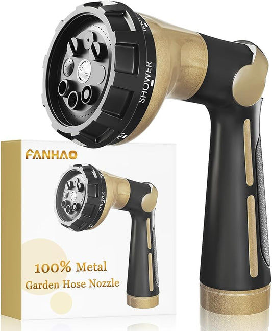 FANHAO Heavy Duty Garden Hose Nozzle, Metal Hose Sprayer Easy Thumb Control | 8 Spray Patterns, Rustproof Water Nozzle, Non-Slip Ergonomic Grip, Elder & Child Friendly for Garden, Car & Pet, Khaki
