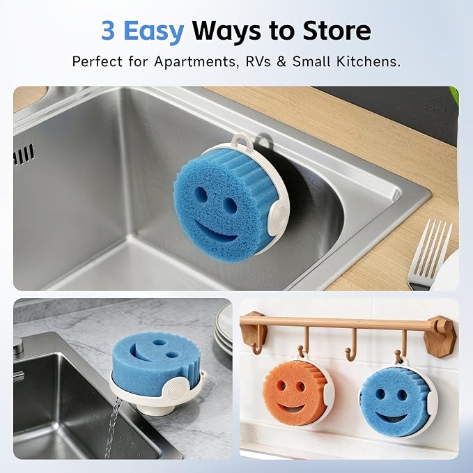 DUDUDU Magnetic Sponge Holder for Scrub Daddy Style Sponges, Silicone Smiling Design for Scrub Daddy Holder, Rustproof Self-Draining Kitchen Sink Caddy, Includes Adhesive Plate for All Sink Types