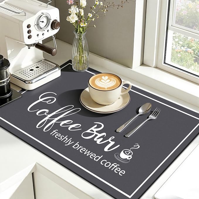 Findosom Dish Drying Mat, 16"x 24" Super Absorbent & Hide Stain Coffee Mat, Cuttable Drying Mat for Kitchen Counter, Coffee Bar Accessories, Under Dish Rack, Coffee Maker, Espresso Machine, DarkGrey