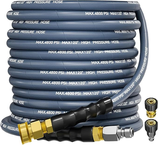 3/8" 4800PSI Pressure Washer Hose 50FT Swivel Quick Connect | Power Washer Hose for Cold/Hot Water Max 248°F, Kink Resistant Steel Wire Braided, Wear Resistant with M22 14mm Adapter