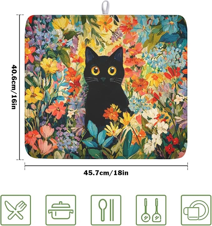 Spring Summer Floral Cat Dish Drying Mat for Kitchen Counter Abstract Oil Painting Wildflower Microfiber Dish Drainer Mat Rustic Absorbent Washable Drying Pad 16"x18"