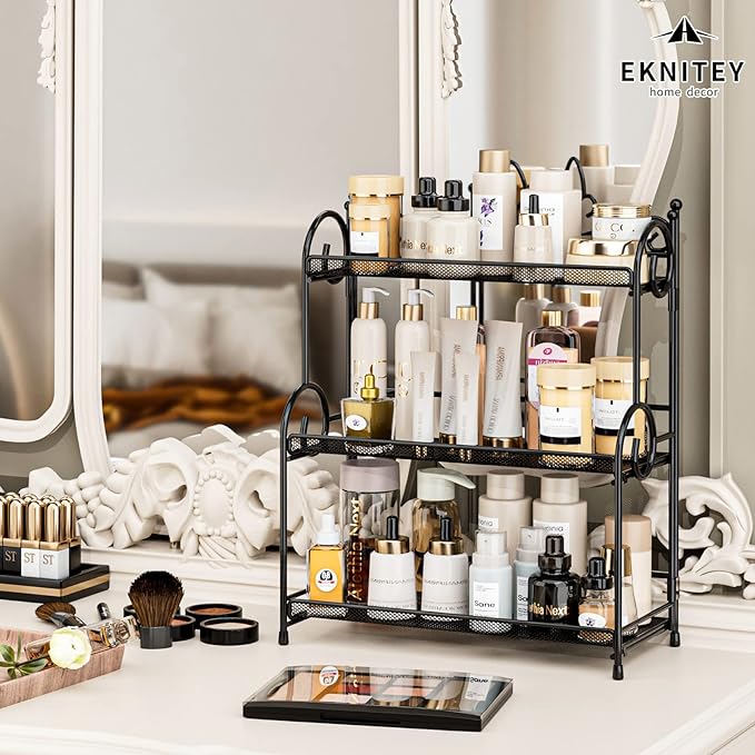 EKNITEY Bathroom Counter Organizer - 3 Tier Spice Rack(No Assembly) | Skincare Countertop Organizers, for Bathroom Kitchen Bedroom, Sturdy Metal Frame, Easy to Clean, Foldable, Black