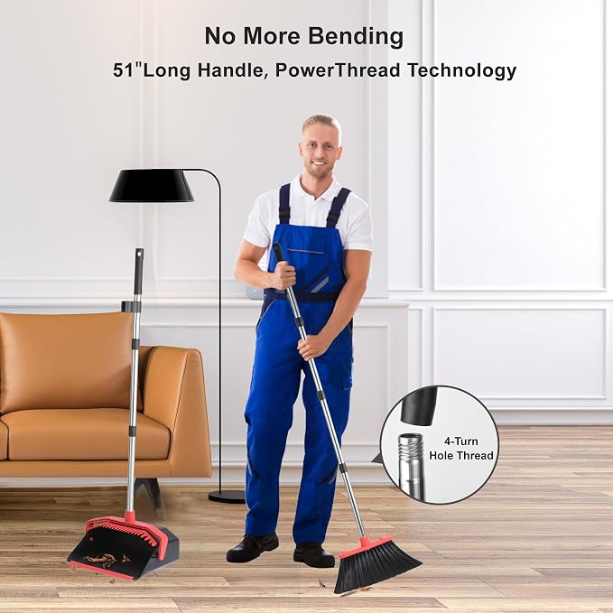 Tiumso Upgrade Broom and Dustpan Set, 51'' Sturdy Long Handle, Large Upright Stand Up Broom and Dustpan, ZeroGap Lip, Self-Cleaning Dustpan Teeth for Lobby Kitchen Office Floor - Black and Red