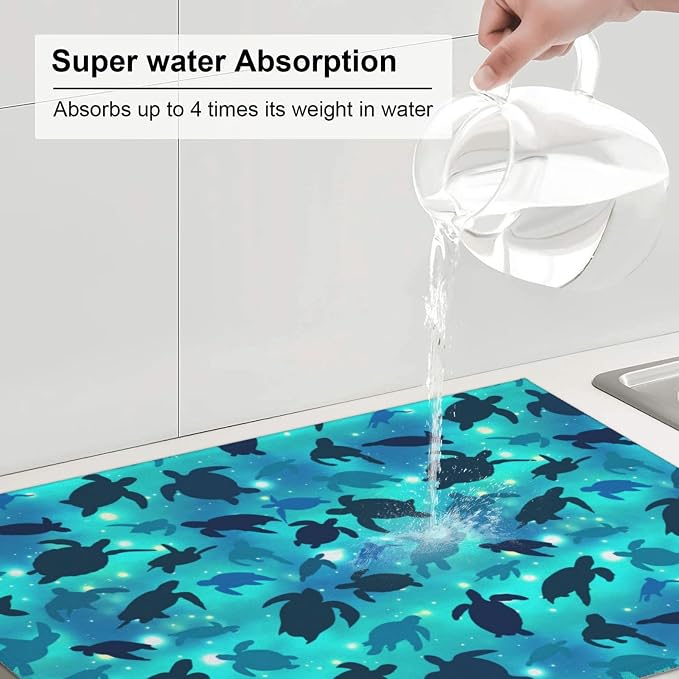 Sea Turtles Blue Dish Drying Mat For Kitchen Counter, Super Absorbent Microfiber Dish Drying Pad, Kitchen Gadgets For Easy Clean Multi-Use Large 18"x24"