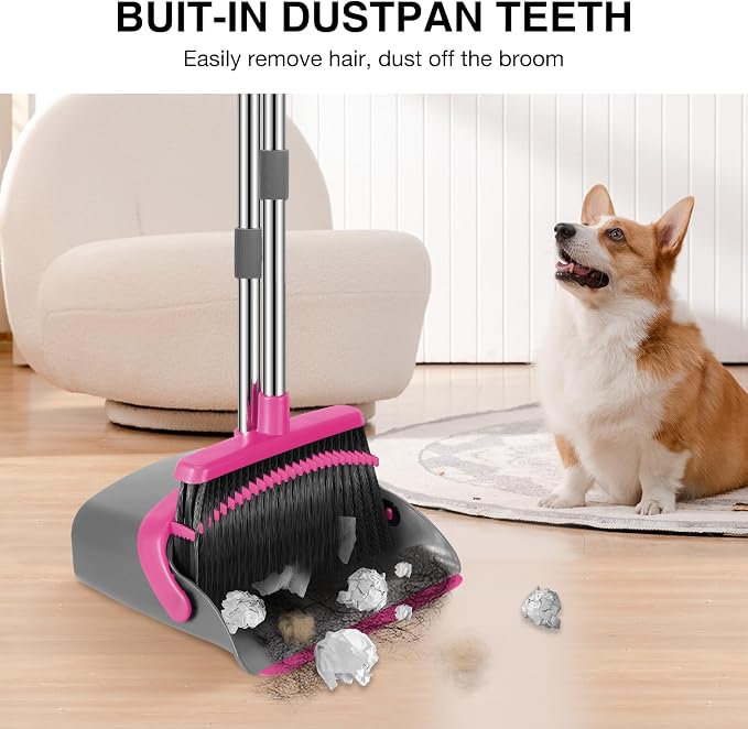 NACENA Broom and Dustpan Set with 52-in Long Adjustable Handle, Grey Rose | Broom Dustpan Combo with Dustpan Teeth to Automatically Clean Hair Suitable for Home Kitchen Office Hall Floor