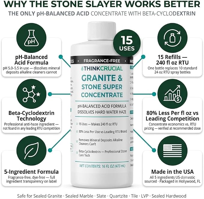 Think Crucial Granite & Marble Countertop Cleaner Concentrate, Stone Safe, 240 oz RTU, 16 fl oz