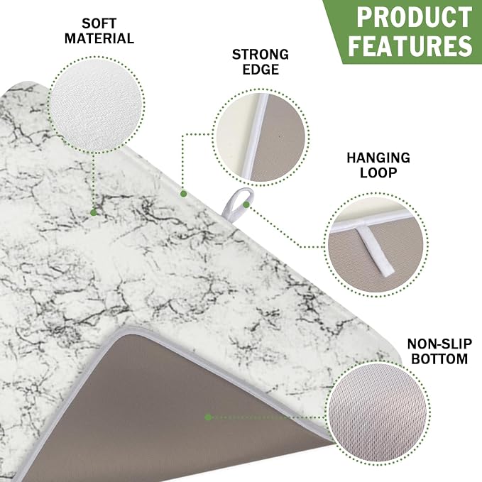 White Grey Marble Dish Drying Mat for Kitchen Counter Modern Marble Pattern Microfiber Dish Drainer Mat Absorbent Washable Drying Pad 16"x18"