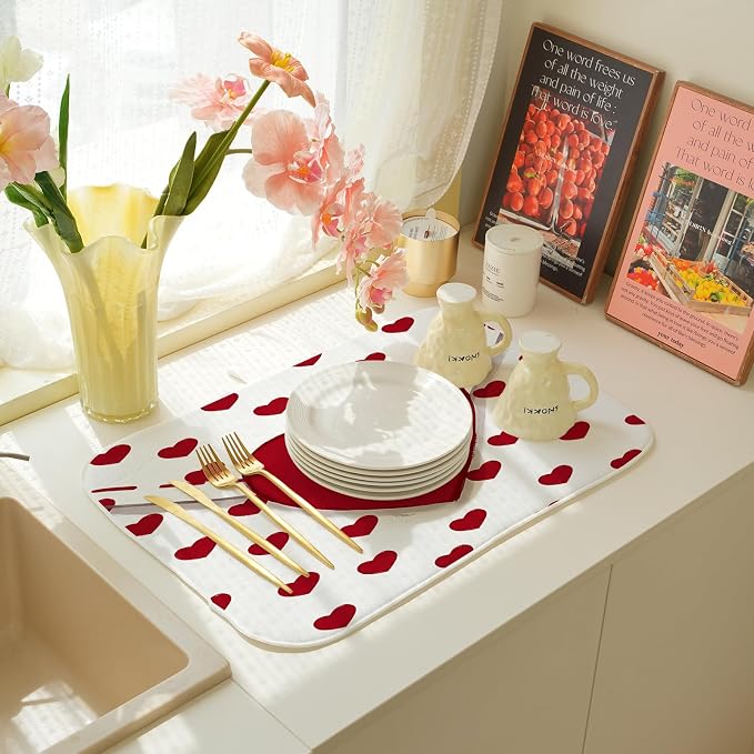 Valentines Dish Drying Mat 18x24 Inch Red Hearts Dish Drainer Protector Pad for Kitchen Counter Absorbent Holiday Love Drying Pad for Drainer Rack Kitchen Fast Dry