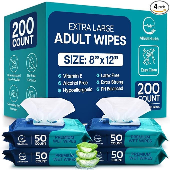 Body Wipes for Adults Bathing No Rinse - Adult Wipes for Elderly 8"x 12"(200 count) Shower No Rinse, Incontinence Disposable Washcloths, Aloe Vera, Vitamin E + 4 individual Packs