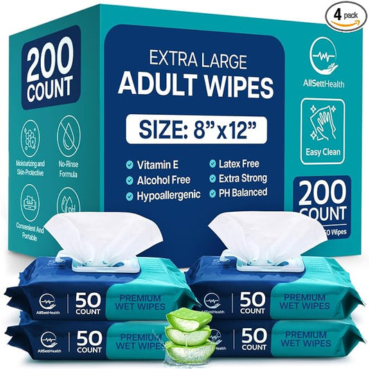 Body Wipes for Adults Bathing No Rinse - Adult Wipes for Elderly 8"x 12"(200 count) Shower No Rinse, Incontinence Disposable Washcloths, Aloe Vera, Vitamin E + 4 individual Packs