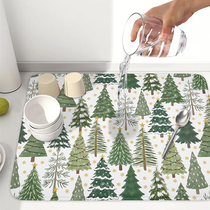 Christmas Dish Drying Mat 18x24 Inch Green Xmas Tree Winter Snowflake | Polyester，Absorbent Microfiber，for Kitchen Coffee Dining Bar Decor