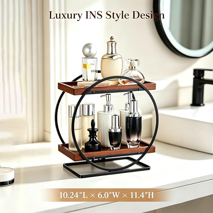 2-Tier Bathroom Counter Organizer, Wooden Perfume Organizer for Dresser, Bamboo Countertop Trays for Skincare Makeup Vanity Shelf, Organizers and Storage for Bathroom Kitchen, Black & Brown