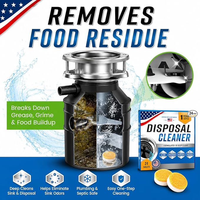 Garbage Disposal Cleaner Deodorizer Tablets, XL Foaming Citrus Sink Drain Disposal Cleaner Tablets Odor Eliminator, Grease Grime Food Residue Remover, Septic Safe, 24 Pack for 1 Year Supply