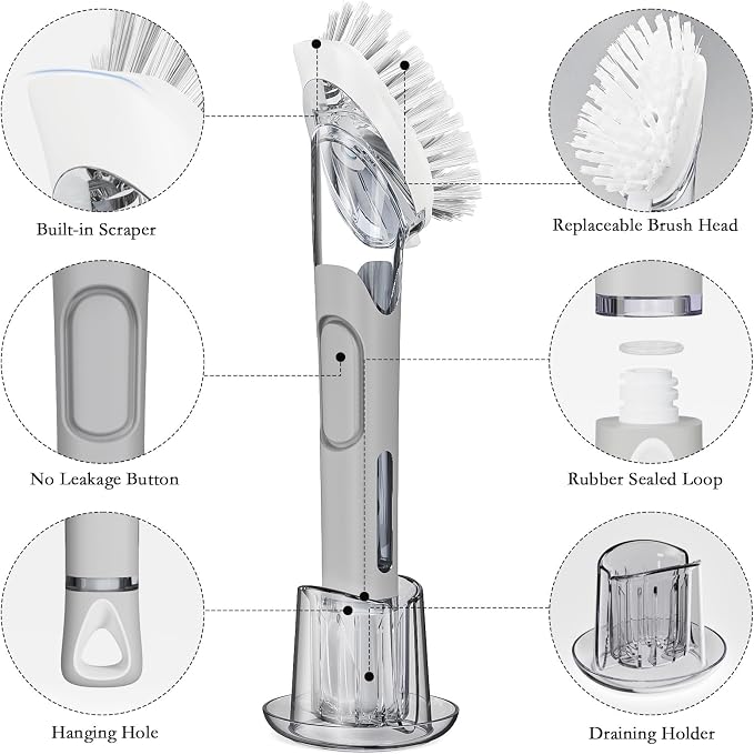 Soap Dispensing Replacement Dish Brush Storage Set with 2 PCS Brush Refills & Holder - RIMAY Dispenser Scrub Cleaning Scrubber Kitchen Dishwashing Dish Wand Handle for Dishes/Pans/Pots/Sink(Grey)