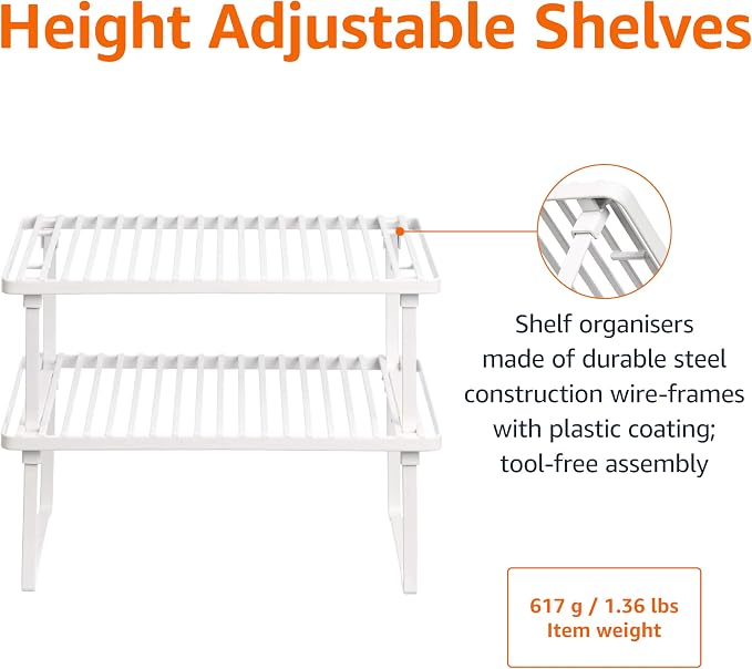 Amazon Basics Space-Saving Stackable Metal Kitchen Cabinet Organizer Shelves for Dishes, Pantry Organization, 12.5" L x 8" D x 4.5" H, Set of 2, White