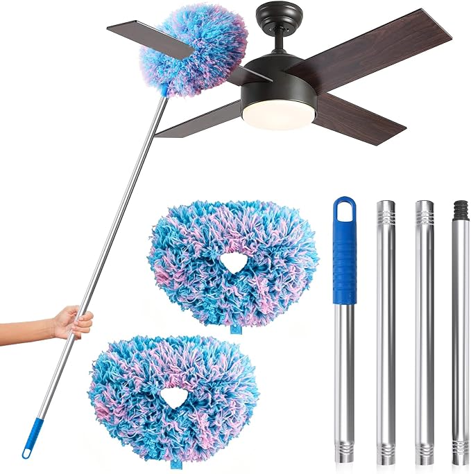 DRQ Ceiling Fan Cleaner Duster, 2 Pack Reusable Microfiber Duster with Extension Pole, 13 to 48 Inch Fan Blade Cleaner, Removable Dusters for Cleaning Walls Bookshelves Door Window Top (Blue Pink)