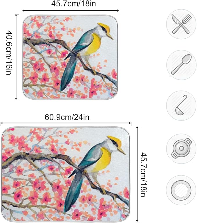 Absorbent Dish Drying Mat for Kitchen Counter - Watercolor Flowers and Birds Microfiber Drying Pad, Reversible Drainer Mats for Countertop, Small 16 x 18 inch