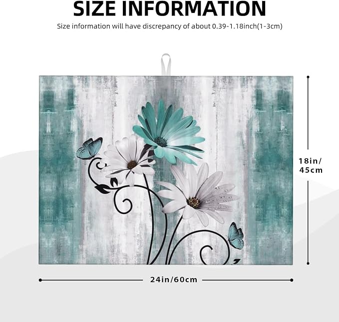 Floral Dish Drying Mat 18x24 Inches For Kitchen Counter Summer Spring Teal Blue Daisy Flower Kitchen Decoration Drying Mat Modern Decorative Drying Pad For Home Kitchen Decor,Dining Room,Office
