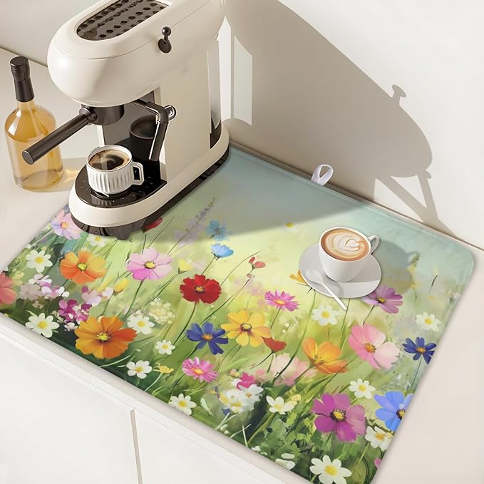 Spring Summer Daisy Dish Drying Mat 18 x 24 Inch Colourful Floral Pattern Dish Drainer Rack Mat Absorbent Microfiber Mats Holiday Dish Pad for Kitchen Coffee Dining Bar Decor