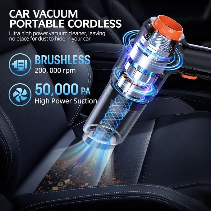 Portable Cordless Car Vacuum, 50,000Pa High-Power Brushless Motor, Rechargeable Handheld Vacuum Cleaner with 2 Batteries & Charger, 6-in-1 Vacuum Cleaners for Home, Keyboard, Pet Hair, Black