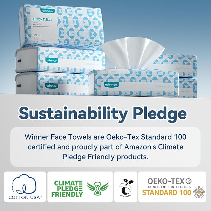 Winner Soft Face Towels, 100% USDA Biobased Facial Towels, 2 Packs per Case, 12 Bags Total, 1200 Count