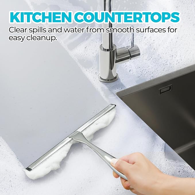ALFLOD Shower Squeegee for Glass Doors, Tile Walls, Mirrors and Windshields | 10" silver, bathroom accessories, window cleaner, new home essentials, silicone blade, metal handle, adhesive hook