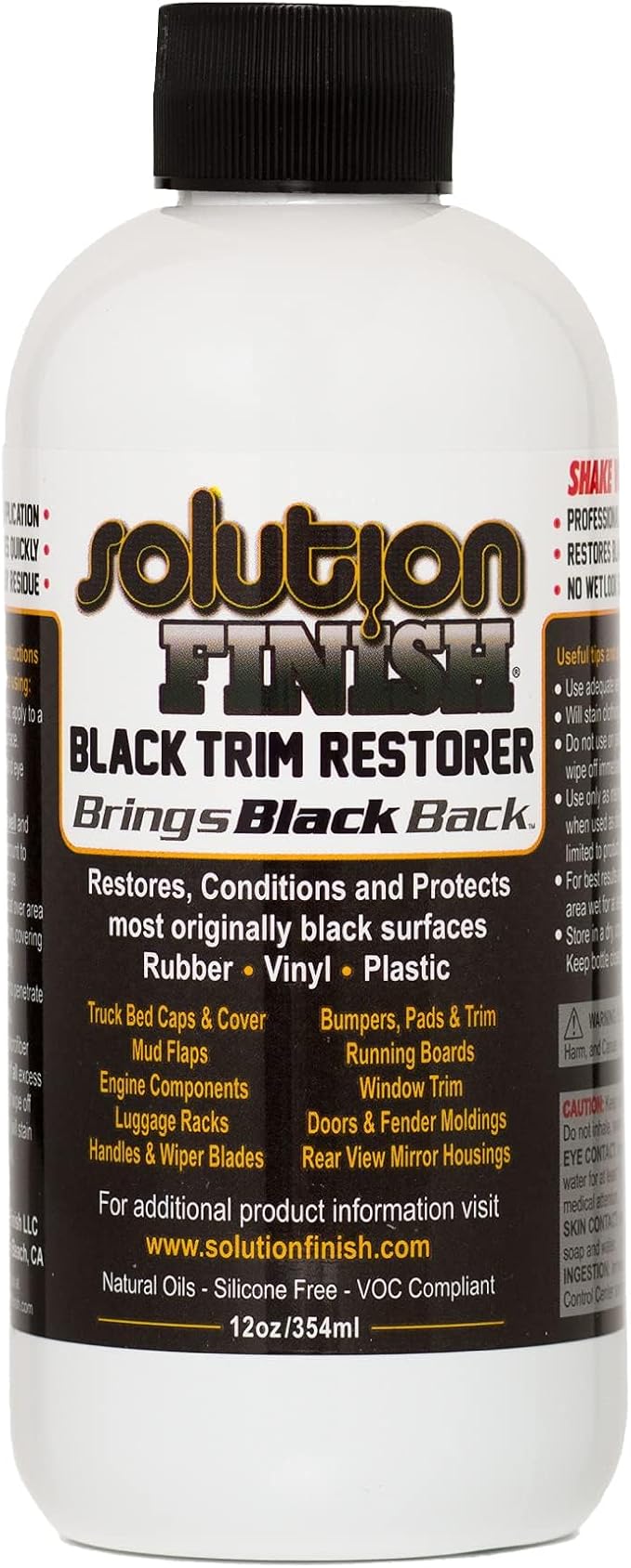 Solution Finish - Black Plastic & Vinyl Trim Restorer - Use for Car and Truck Detailing, No Wet Look, Instantly Revives Color to Trim, Bumpers, Mud Flaps, Etc., Black (12 oz)
