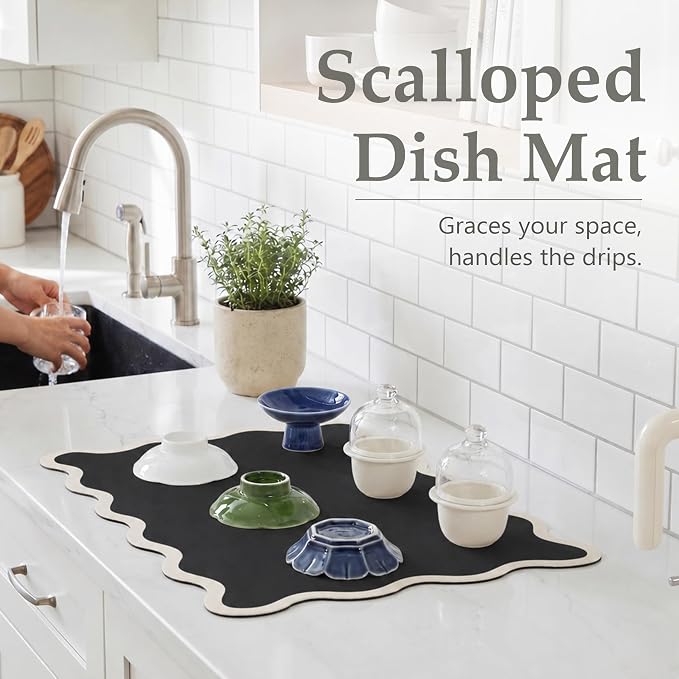 Scalloped Dish Drying Mat for Kitchen Counter, Absorbent Easy Clean Non-slip Coffee Bar Station Accessories, Trendy Cute Aesthetic Modern Drainer Kitchen Drying Mat, Black 15" x 24"