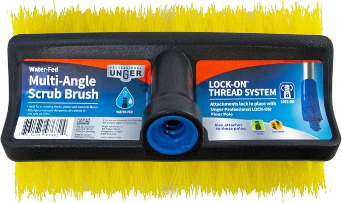 Unger Hydropower Lock-On 10" Bi-Level Scrub Brush | Dual-level bristles for deep scrubbing; ideal for garage, driveway, deck, concrete & brick