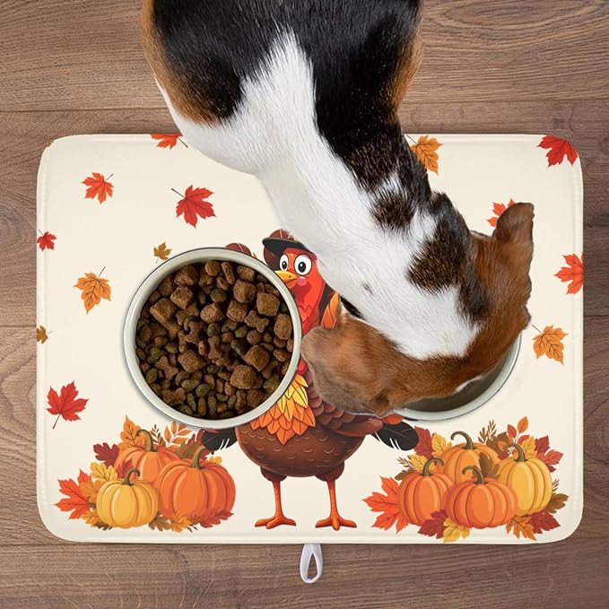 Thanksgiving Dish Drying Mat for Kitchen Counter Autumn Harvest Turkey Pumpkin Maple Leaves Microfiber Dish Drainer Mat Rustic Fall Holiday Absorbent Washable Drying Pad 18"x24"