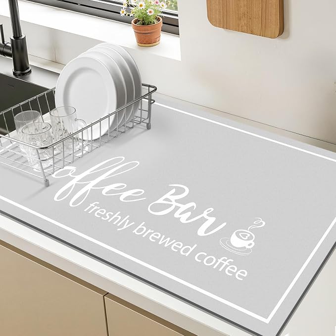 Findosom Dish Drying Mat, 12"x 20" Super Absorbent & Hide Stain Coffee Mat, Cuttable Drying Mat for Kitchen Counter, Coffee Bar Accessories, Under Dish Rack, Coffee Maker, Espresso Machine, LightGrey