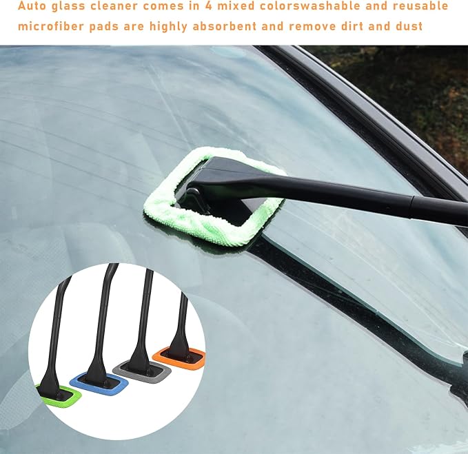 Ohleats Car Windshield Cleaning Tool, Microfiber Window Cleaner with 4 Washable and Reusable Cloth Pad & Long Handle, Auto Glass Wiper Cleaning Kit with Spray Bottle, Car Accessories