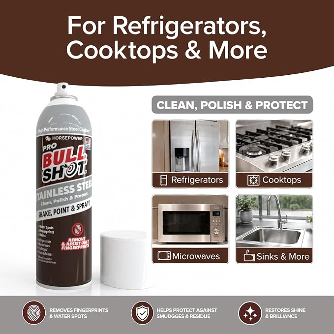 Horsepower Bull Shot Stainless Steel Cleaner Spray, As Seen On TV, Cleans, Polishes & Protects, Removes Greasy Fingerprints & Streaks