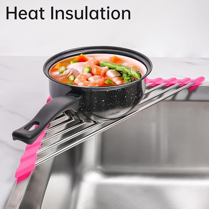 Tomorotec Triangle Roll-Up Dish Drying Rack for Sink Corner - Small, Foldable, Stainless Steel, Multipurpose Kitchen Drainer Caddy, Trivet, Rustproof Organizer, Storage Shelf (Rose)