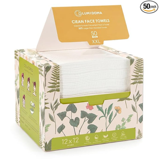 XXL Disposable Face Towel 12x12 Inches Extra Thick Facial Cleansing Cloths, 100% Plant-Based Pure Fiber Dry Wipes for Sensitive Skin, Makeup Removing, 50 Count
