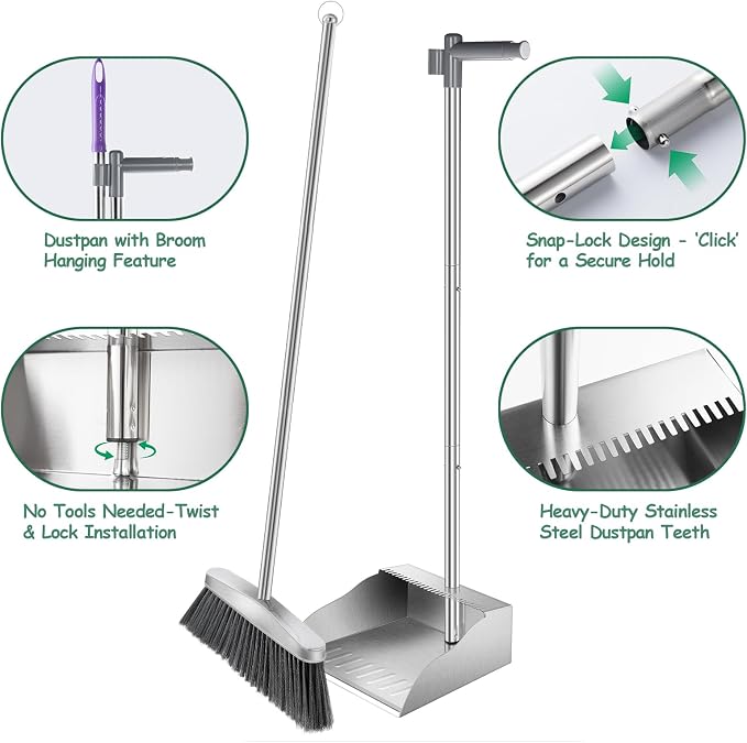 Dustpan with Broom Set,Long Handle Stainless Steel Dustpan and Broom Combo | Heavy Duty Metal Standing Dust Pan with Teeth & Soft Bristles Broom,Indoor Outdoor Dust Pan Broom for Home Office Lobby Floor