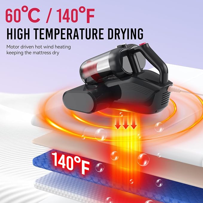 Mattress Vacuum Cleaner, 16Kpa 600W Bed Vacuum Cleaner with 253.7nm UV-C Light & 40000 RPM/Min Brushroll Rotation & Heating Tech, Widened Suction Port, Corded