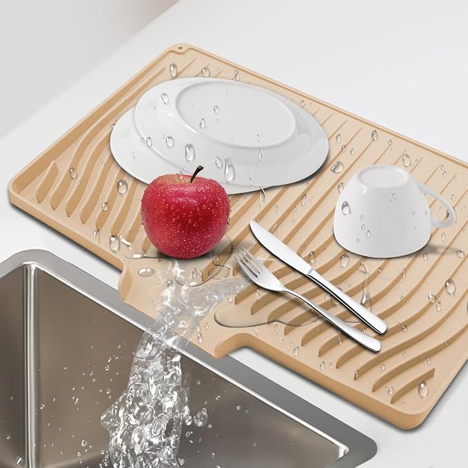 Silicone Dish Drying Mat for Kitchen Countertops and Sinks,19 x13.7 Inch Non Slip Heat Resistant Mat with Built In Drainage System,For Refrigerator and Drawer Liners (beige, 19 x13.7 Inch)