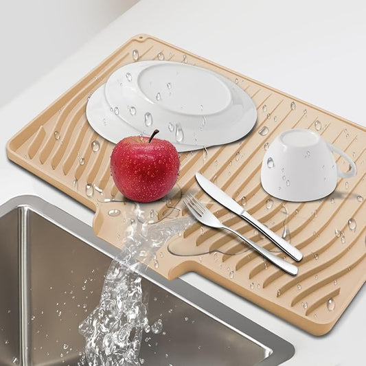 Silicone Dish Drying Mat for Kitchen Countertops and Sinks,19 x13.7 Inch Non Slip Heat Resistant Mat with Built In Drainage System,For Refrigerator and Drawer Liners (beige, 19 x13.7 Inch)