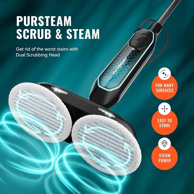 PurSteam ScrubMaster Steam Mop with Dual Scrubbing Head and LED Lights | Dual Scrubbing Head | LED Headlights | Adjustable Steam Control | Anti-Slip Swivel Head | Cable Holder | Upright Lock