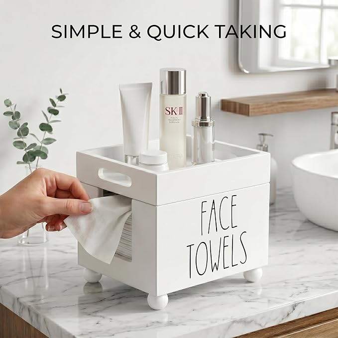 Disposable Face Towel Holder, Wooden Facial Towels Dispenser, Clean Towel XL Box for Bathroom Countertop, Open-Top Cleansing Wipes Organizer for Vanity, Rustic Skincare Storage (White)