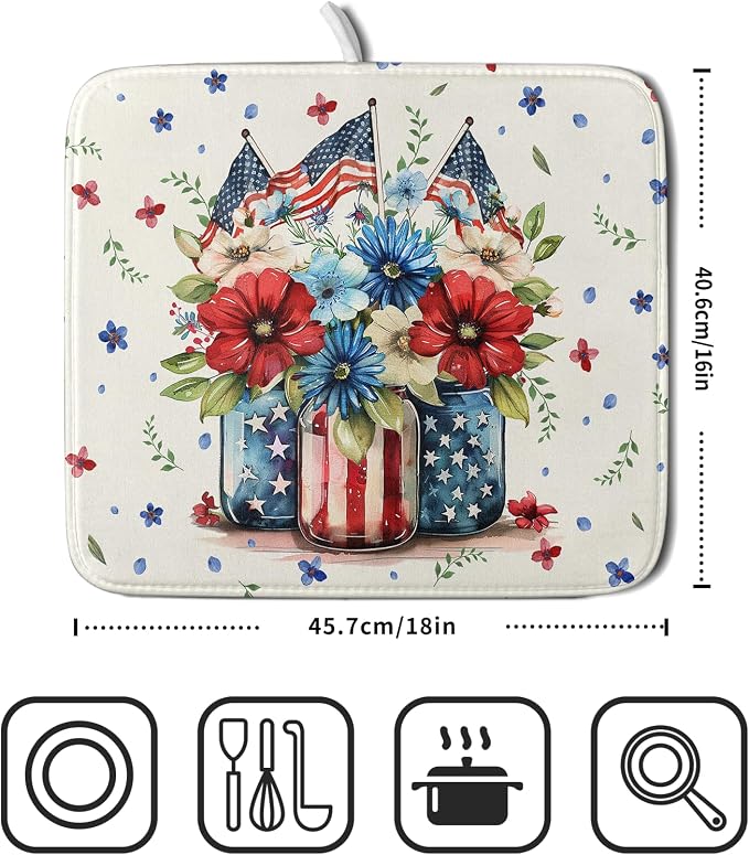 Giwawa American Patriotic Floral Dish Drying Mat Flower Vase Drainer Rack Mats 16"x18" Absorbent Microfiber Dish Dry Pad for Kitchen Counter Sink