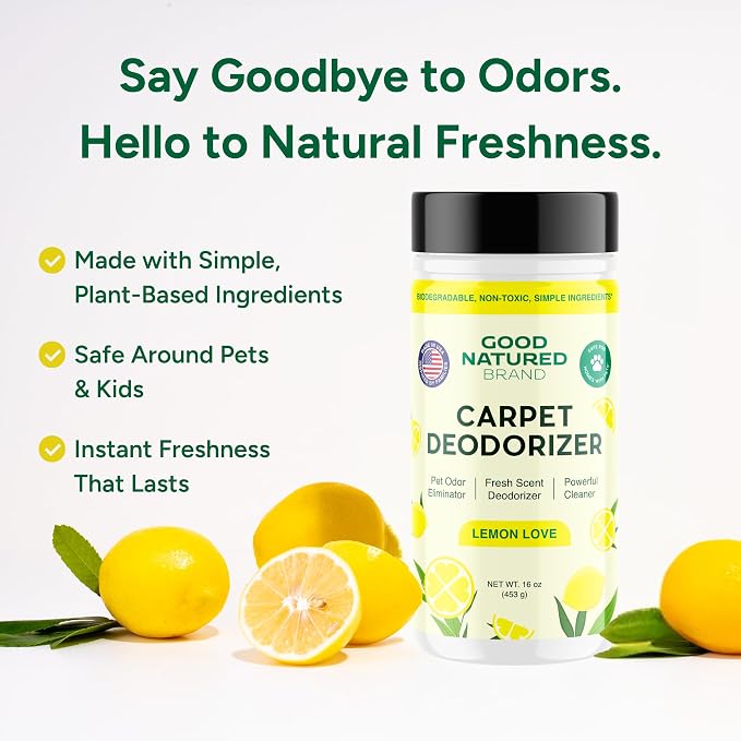Good Natured Brand | Carpet Freshener & Deodorizer Powder | 16 oz Pet Odor Eliminator for Strong Odor & Pet Urine | Fresh Natural Lemon Scent | Safe for Homes with Pets