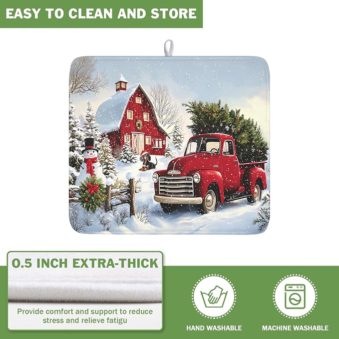 Giwawa Red Truck Dish Drying Mat Winter Xmas Tree Drainer Rack Pad 16"x18" Microfiber Absorbent Quick Dry Dish Sink Mat for Table Kitchen Counter