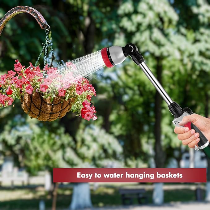 RESTMO Heavy Duty Metal Hose Wand, Watering Wand for Garden Hose | 180° Swivel Ratcheting Head, 16'' Hose Sprayer, 7 Spray Patterns, Flow Control, Ideal for Hanging Baskets & Shrubs, Red