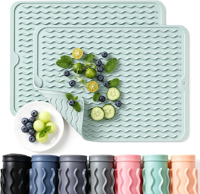 2 Pack Caketime Silicone Dish Drying Mat for Kitchen Counter Escurridor de Trastes para Cocina Cooking Dining Hot Pads Rubber Palcemats Coffee Bar Must Haves Women Gifts 15"x11.5" Green