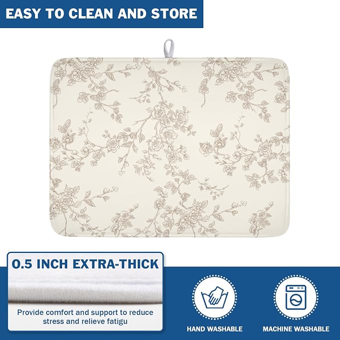 Brown and Cream Chinoiserie Floral Dish Drying Mat 18x24 Inch | Polyester，Absorbent Microfiber，for Kitchen Coffee Dining Bar Decor