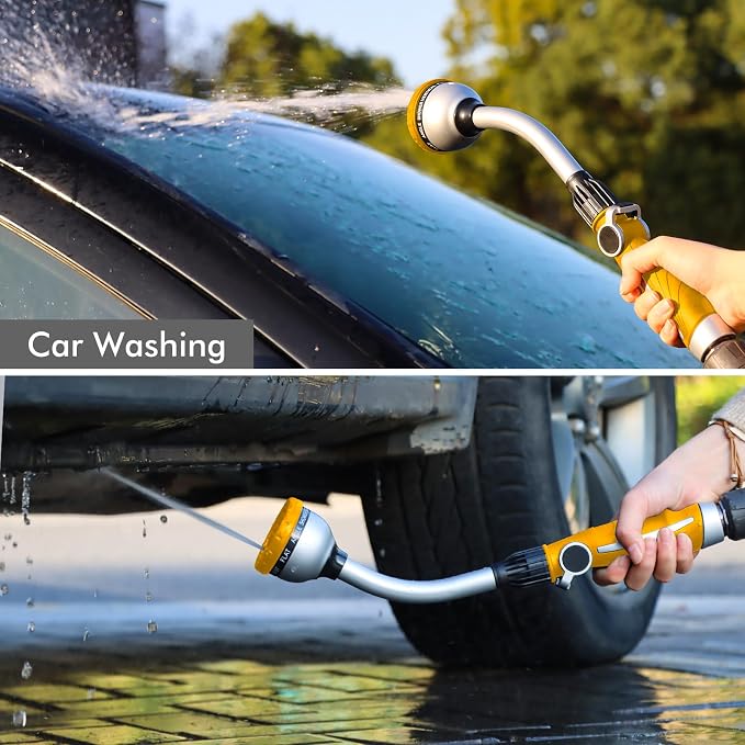 RESTMO Watering Wand Heavy Duty, 15-Inch Long Hose Nozzle Sprayer | 10 Spray Patterns & Thumb Flow Control, Metal Garden Hose Wand for Water Hanging Baskets and Shrubs, Yellow