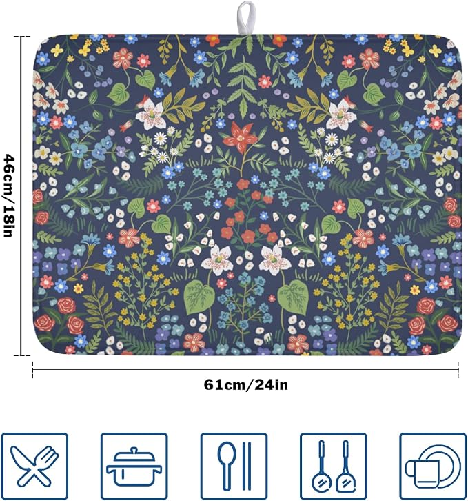 Flower Floral Dish Drying Mat 18x24 inch Microfiber Navy Blue Drying Mats with Hanging Loop Absorbent Green Leaves Dish Drainer Mat Reversible Flowers Drying Pad for Kitchen Counter Sink